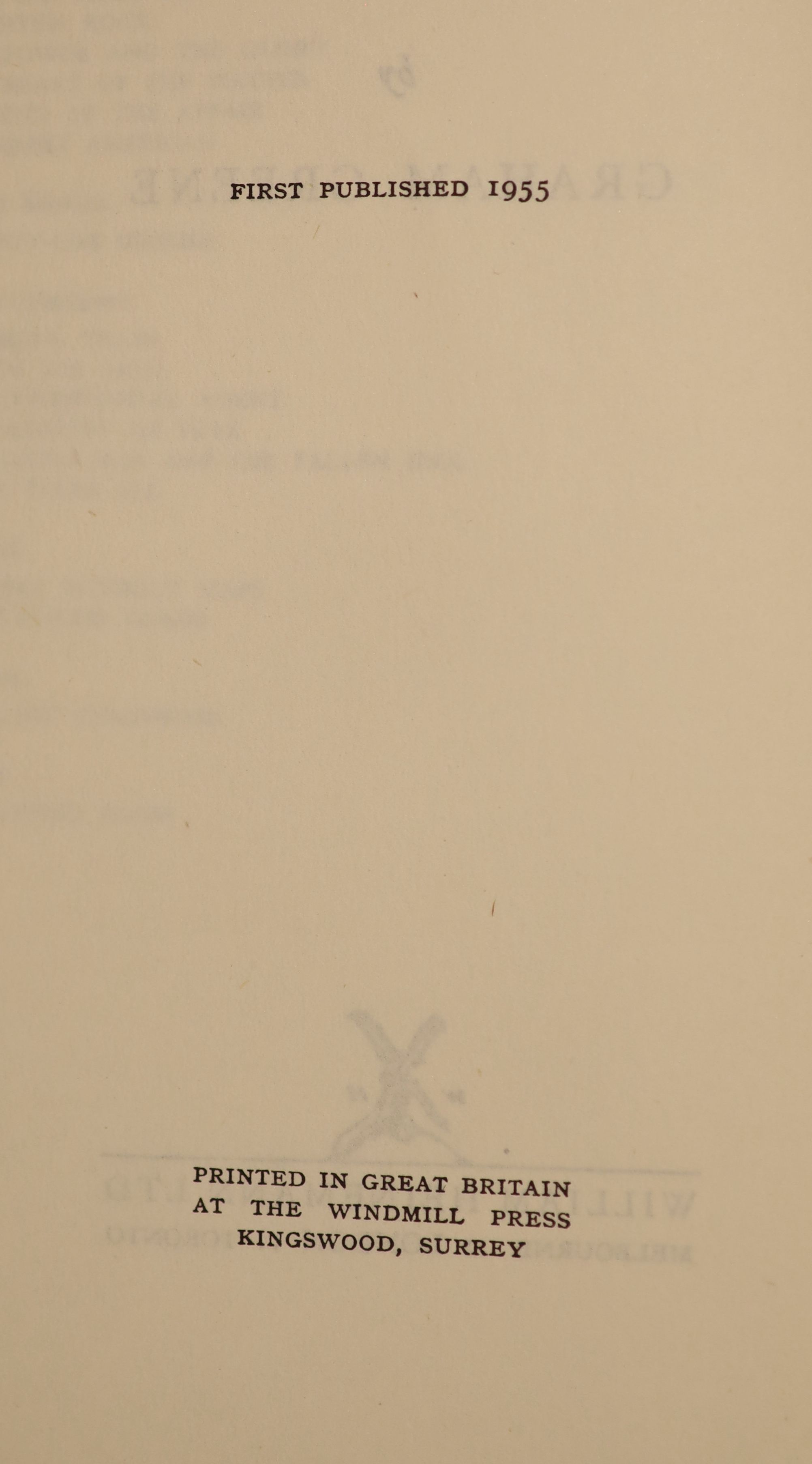 Greene, Graham - The Quiet American, 1st edition, original blue cloth, in unclipped d/j, chipped at head of spine, rear panel spotted, William Heinemann, London, 1955